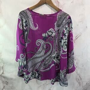 Bob Mackie Blouse Womens Medium Purple Paisley Rose Topper Cape Shirt